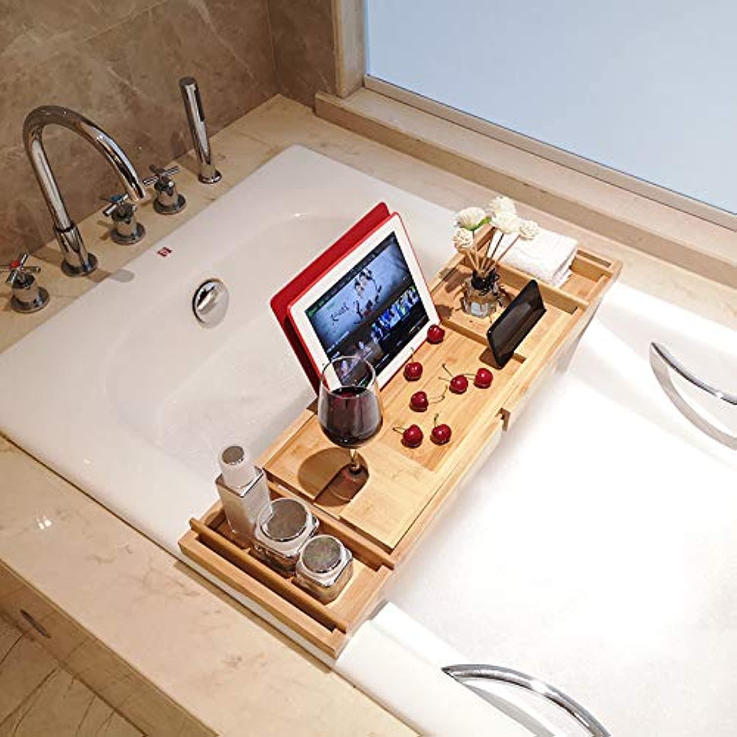 KVIVIBamboo Bathtub Caddy Tray, Over The Tub Organizer, Expandable for Wooden Bathtub Tray, Bathroom Organizer with Wine Glass Holder, iPad Stand