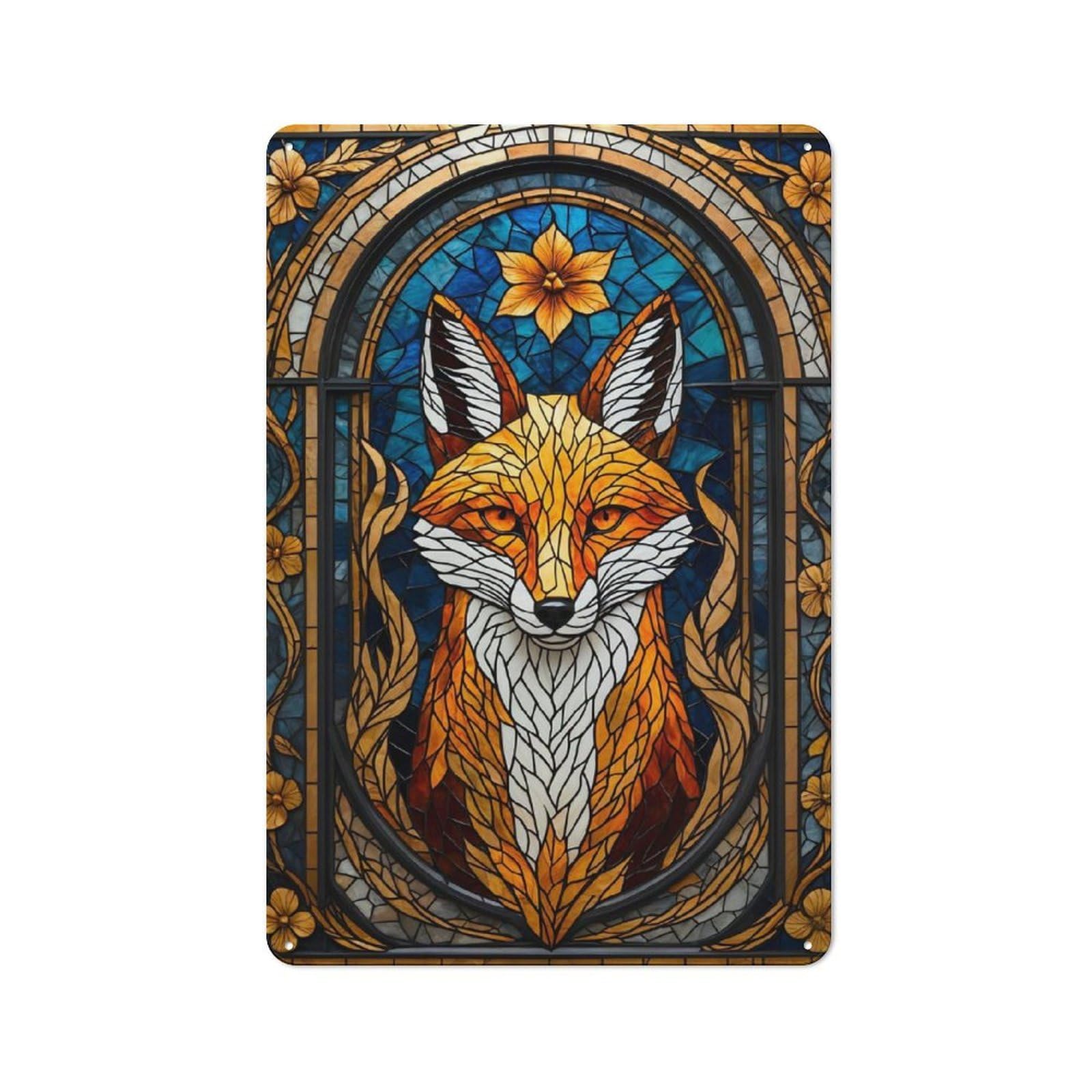 Vintage Kitsune Stained Glass Fox Decorative Metal Plaque 30x20cm, Garden Room Wall Plaque for Shed, Garden Room, Porch Or Garage