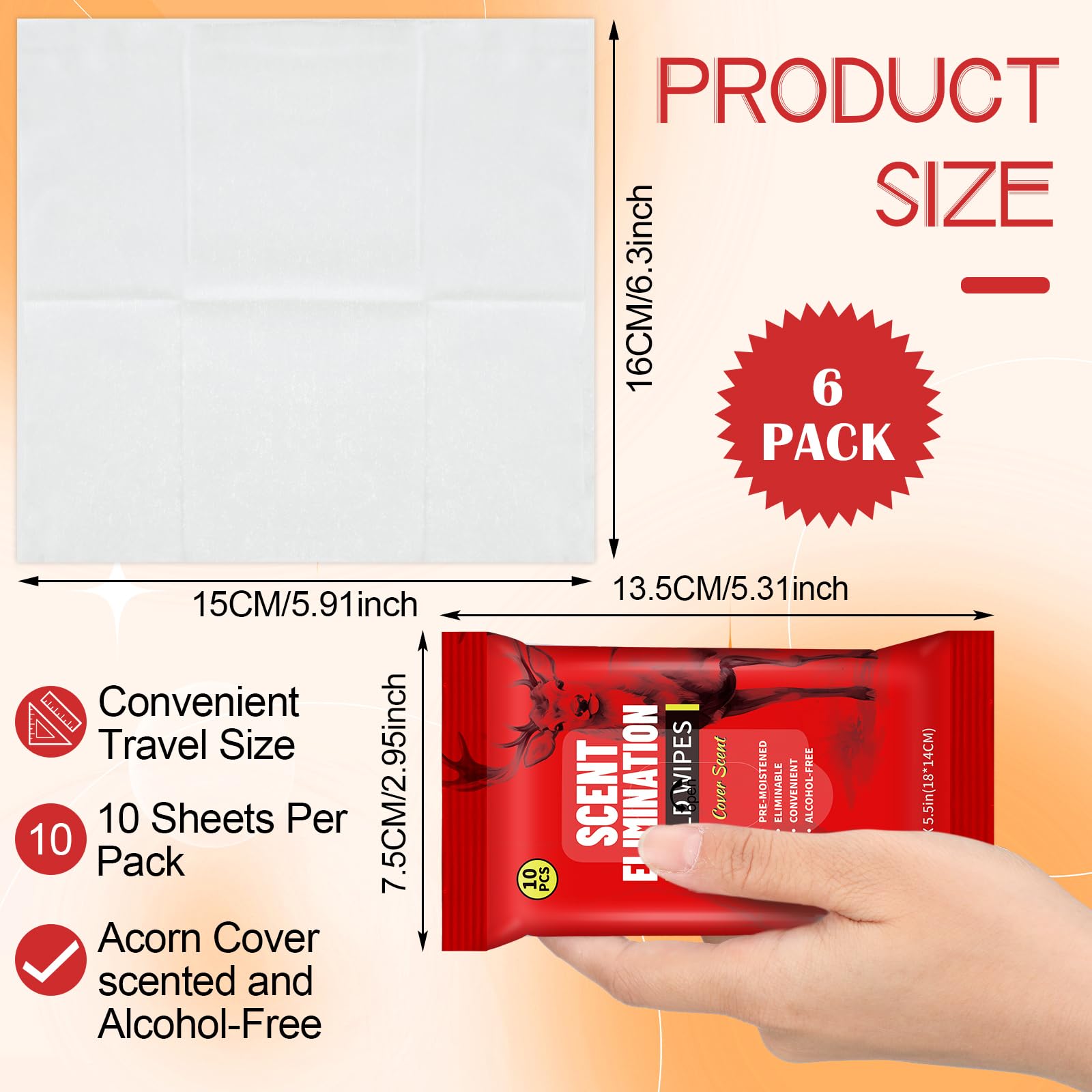 Timgle 6 Packs Scent Away Elimination Field Wipes 60 Count Scent Control Acorn Scented Hunting Alcohol Free Field Wipes for Hunters Trappers Anglers Campers