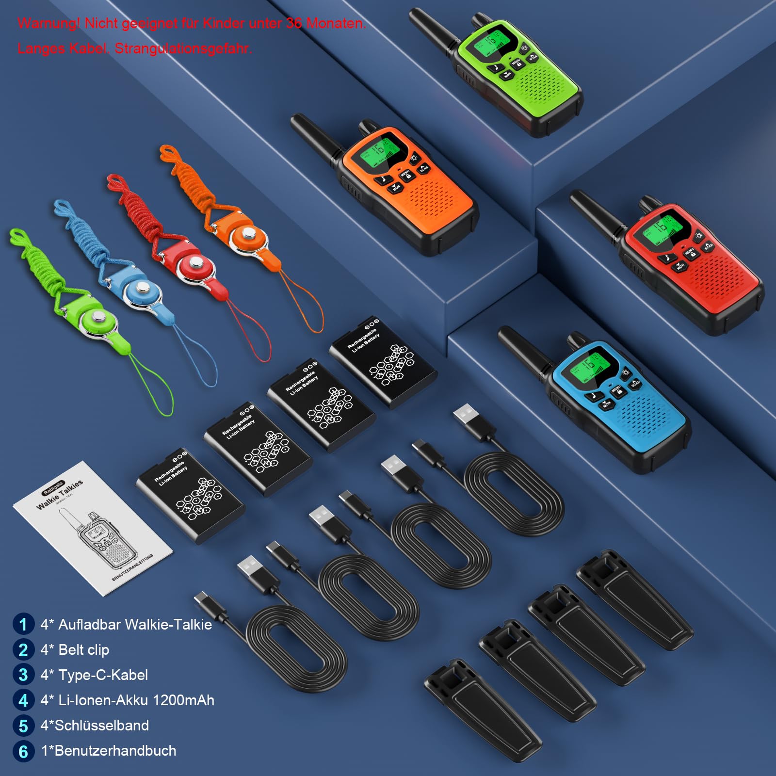 Walkie Talkie Kinder 4er Set, Walky Talky mit 1200mAh Aufladbar Akku, Große Reichweite 5km Walki Talki mit Li-ion Akku, Funkgeräte mit 16 Kanäle für Camping, Freien, Wandern