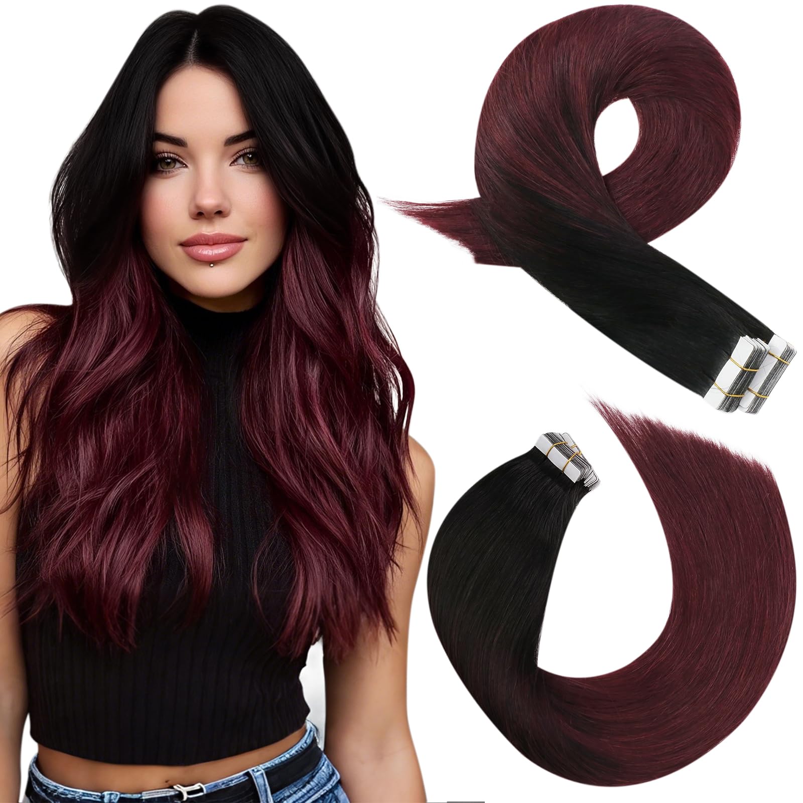 Moresoo Burgundy Tape in Hair Extensions Real Human Hair Off Black to Black with Wine Red Tape in Human Hair Extensions Balayage Real Hair Glue in