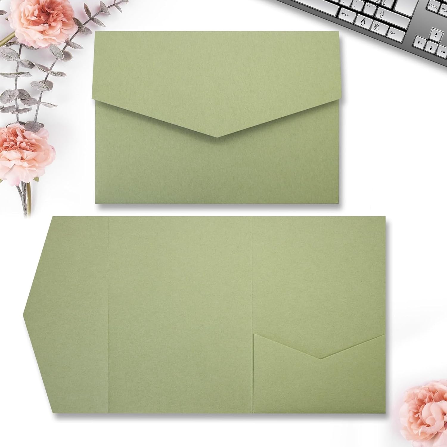 25 Pieces A7 Pocket Invitations (5.12 x 7.09) Trifold Wedding Invitation Cards for 5x7 Invites Wedding Bridal Shower Engagement Birthday Sweet 16 (Matte Sage Green)