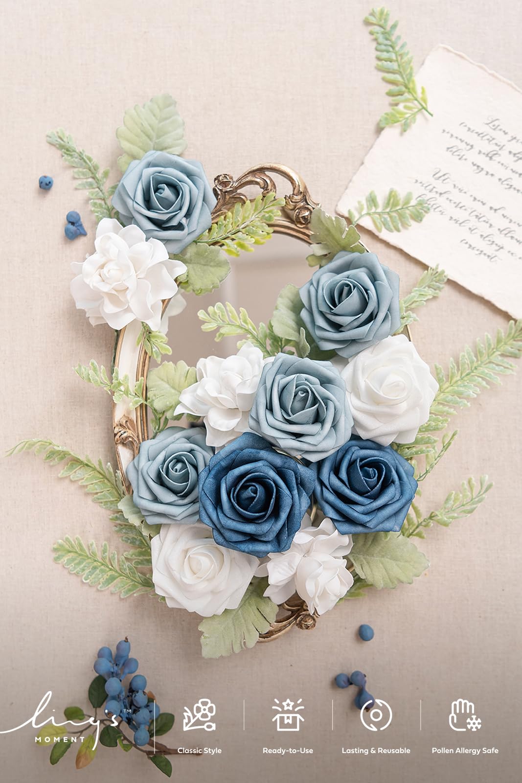 Ling's Moment Juego de flores artificiales de boda para ramos de bricolaje, centros de mesa, arreglos florales (azul polvoriento)
