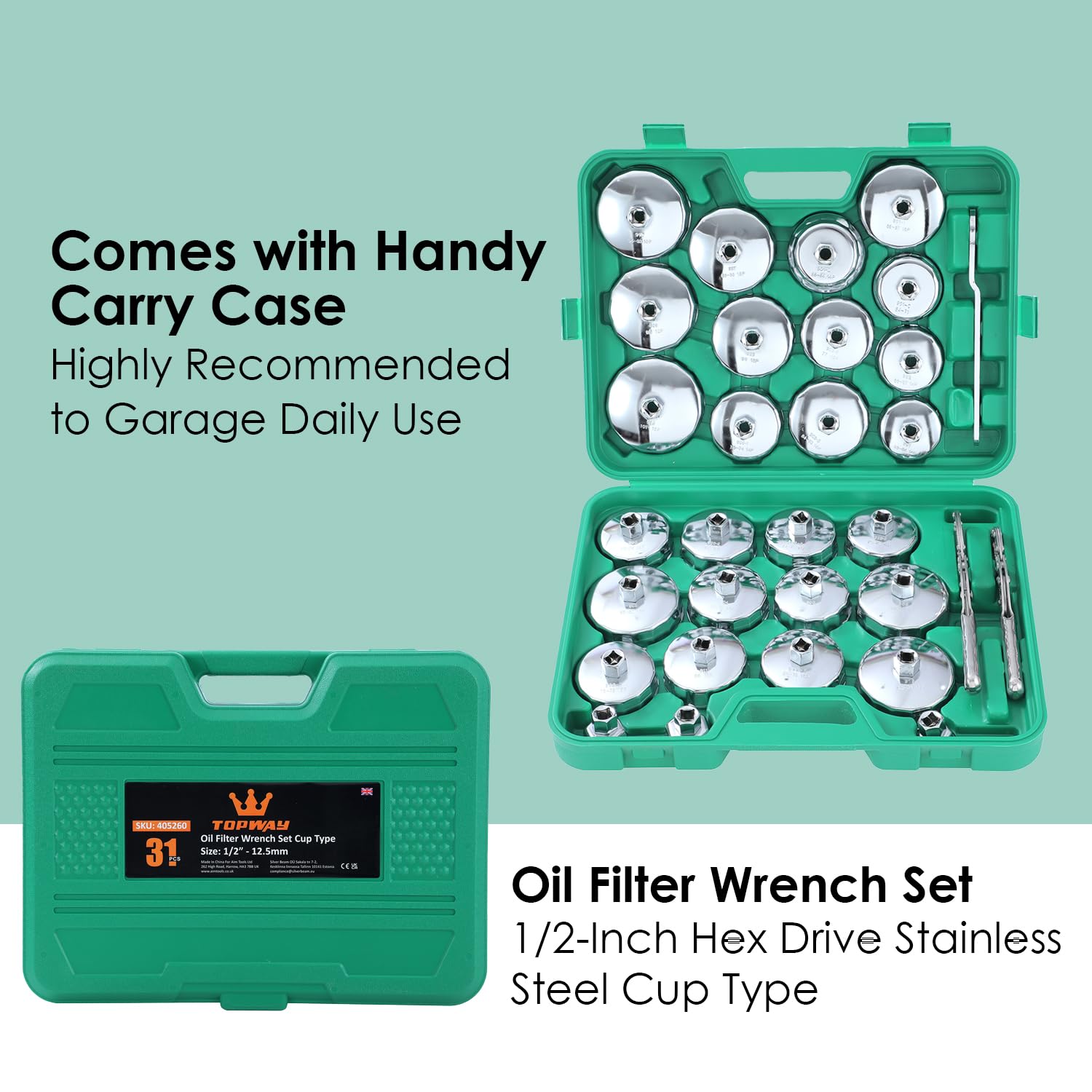 TOPWAY 31 PCs 1/2" Juego de Vasos para Llaves de Filtro de Aceite con 2 Esposas Tipo de Llave de Filtro de Aceite de Ajustable y Llave, Acero Inoxidable, para Reparación de Automática