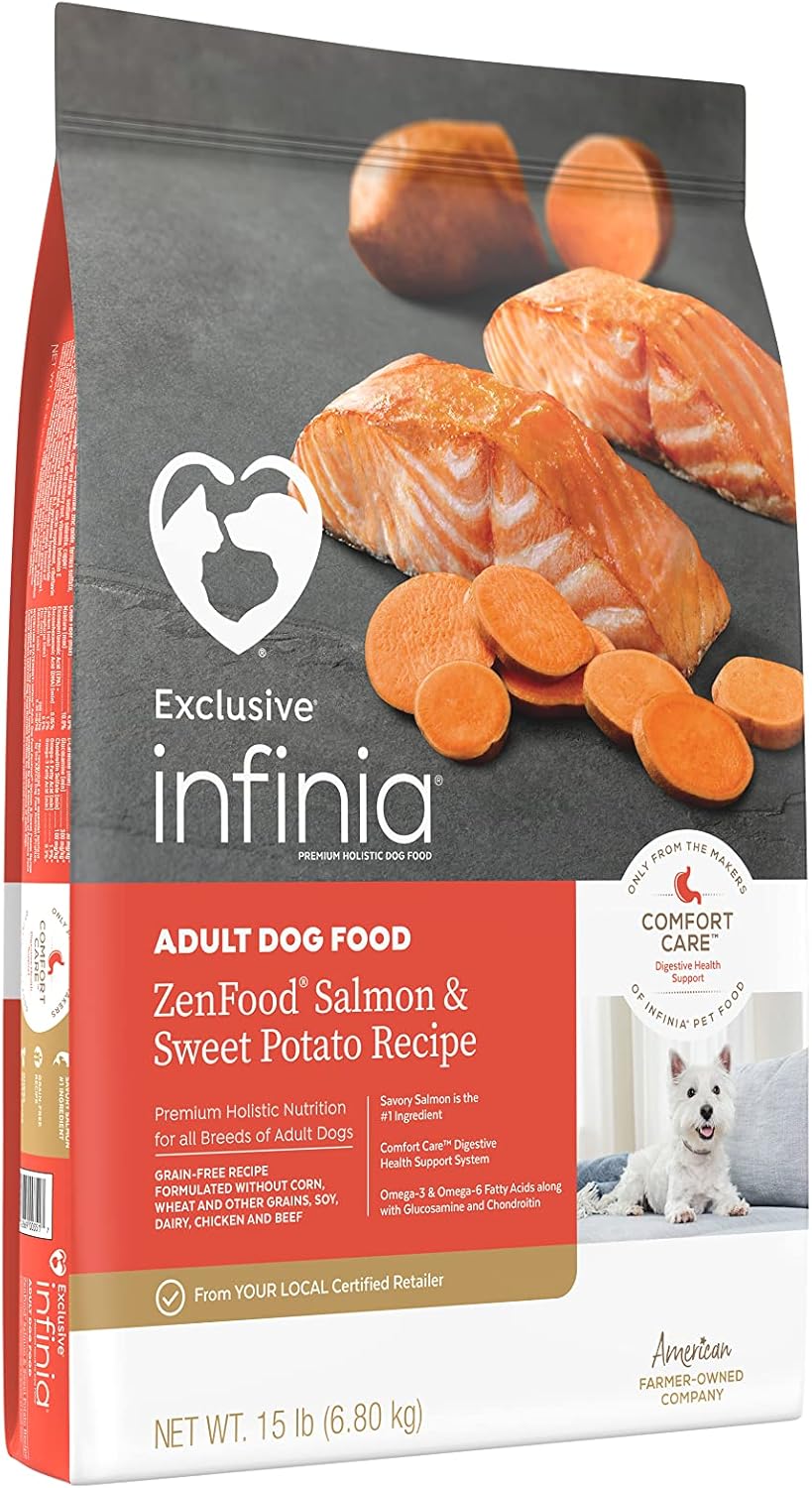 Infinia | Grain Free Adult Dog ZenFood Salmon & Sweet Potato Comfort Care Digestive Health Blend Dog Food | 15 Pound (15 LB) Bag