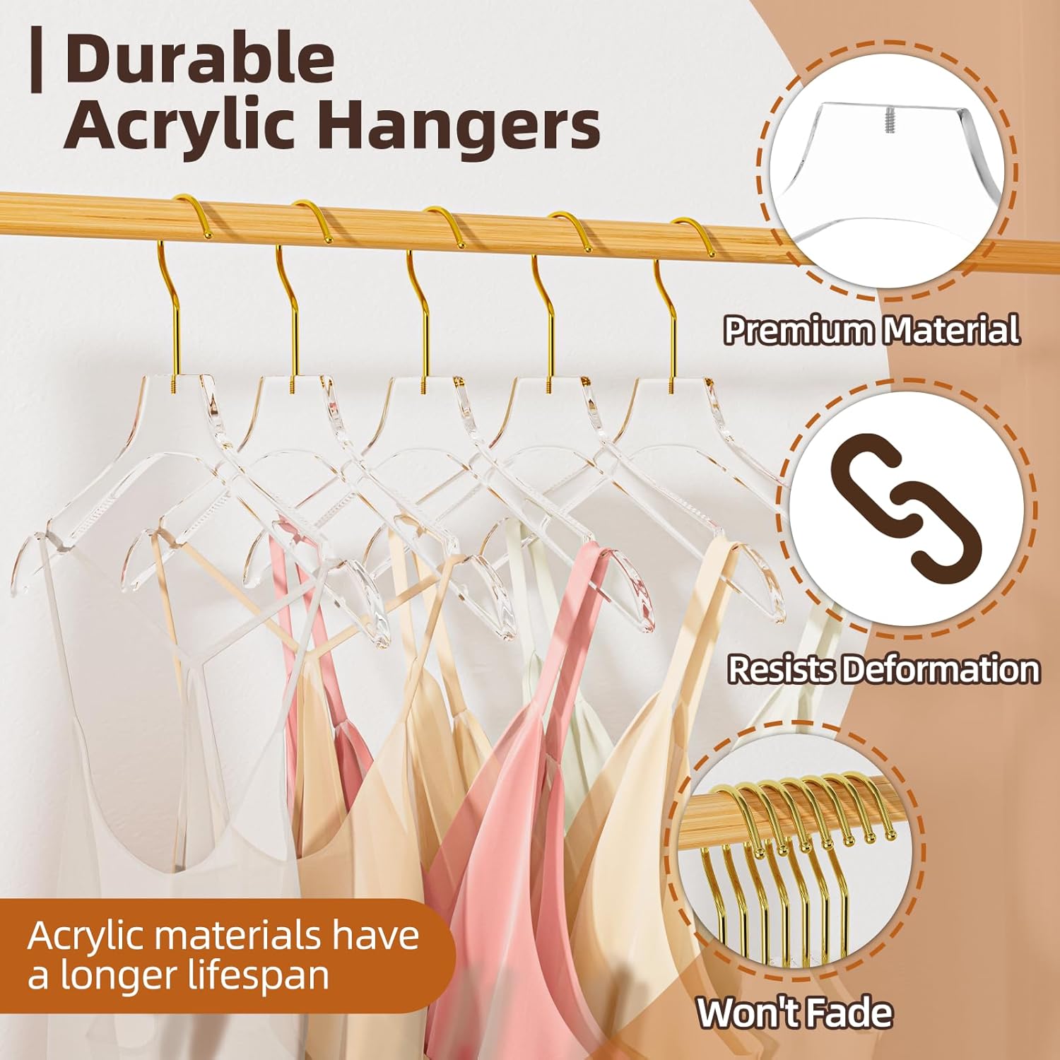 Acrylic Hangers 15 Pack, 15 Inch Premium Crystal Clear Hangers with Gold Hook, Notches, Non Slip & Heavy Duty, for Standard Size Dresses, Suits, Shirts, Coats