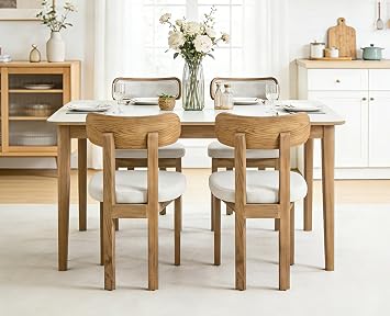 chairus Farmhouse Dining Chairs Set of 4 Upholstered Dining Room Chair with Curved Backrest Padded Back Dining Chair with Wood Legs for Dining Room Kitchen Restaurant Cafe, Linen Beige