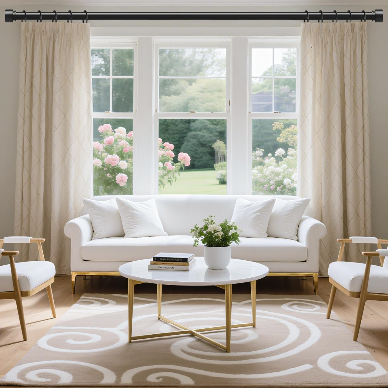 VOIIY Long Curtain Rods for Windows 72 to 144 Inch(6-12 Feet), Black Heavy Duty 1'' Diameter Adjustable Window Drapery Rod 66 120, Modern End Cap Style Design, Size 36''-144''