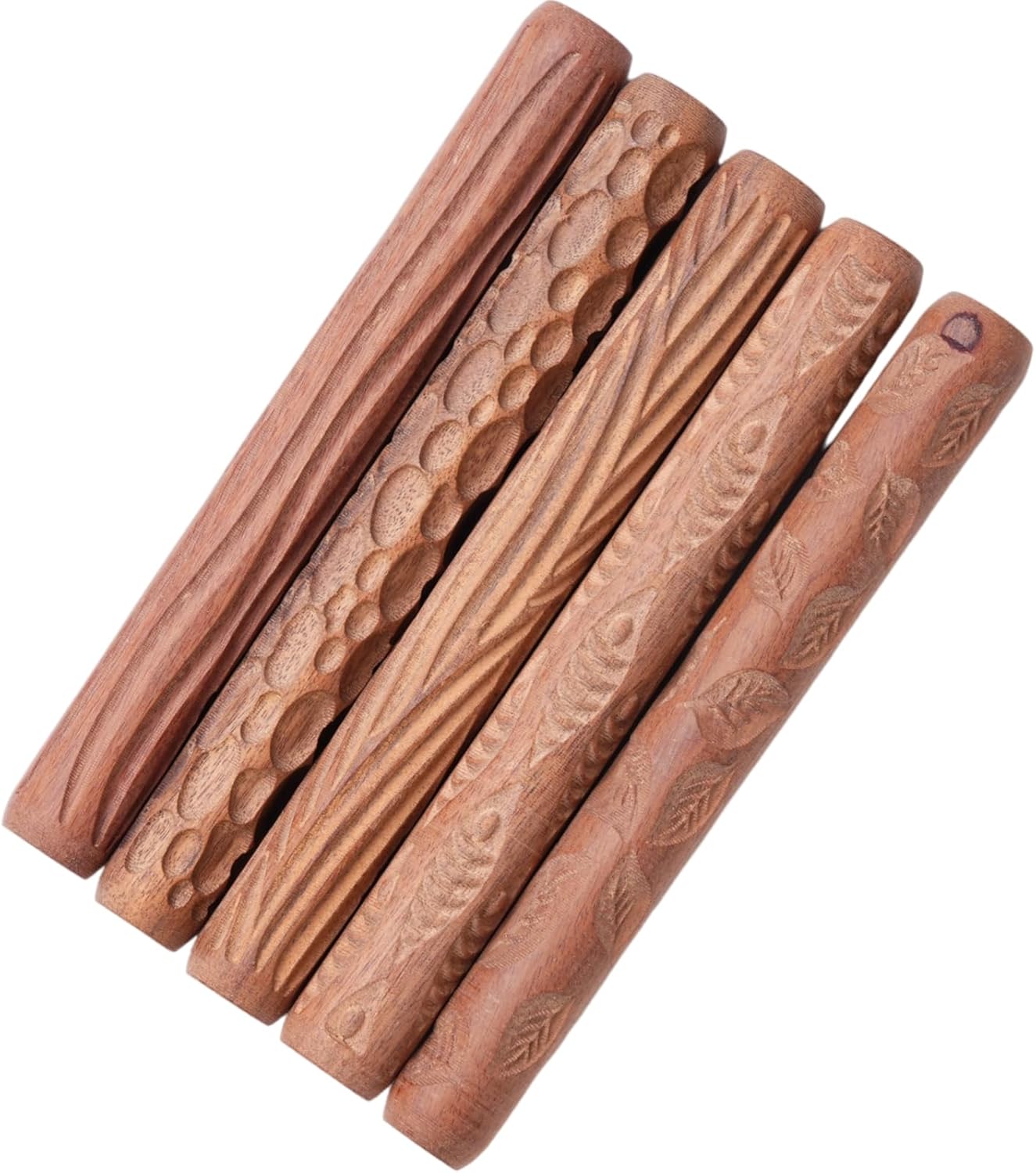 Varku 5PCS Clay Modeling Pattern Rollers Kit, Pottery Tools Wood Twig Rollers for Clay, Wooden Handle Pottery Tools, Clay Texture Rolling Emboss Plaid Hand Rollers for Handcraft