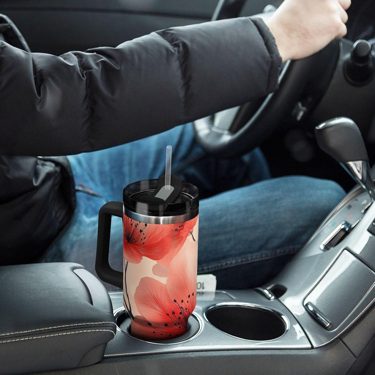 40 oz Tumbler Red Florals Watercolor with Handle and Straw Lid Vacuum Stainless Steel Insulated Water Bottle Travel Mug Car Cup Holder Friendly for Gym Travel Office