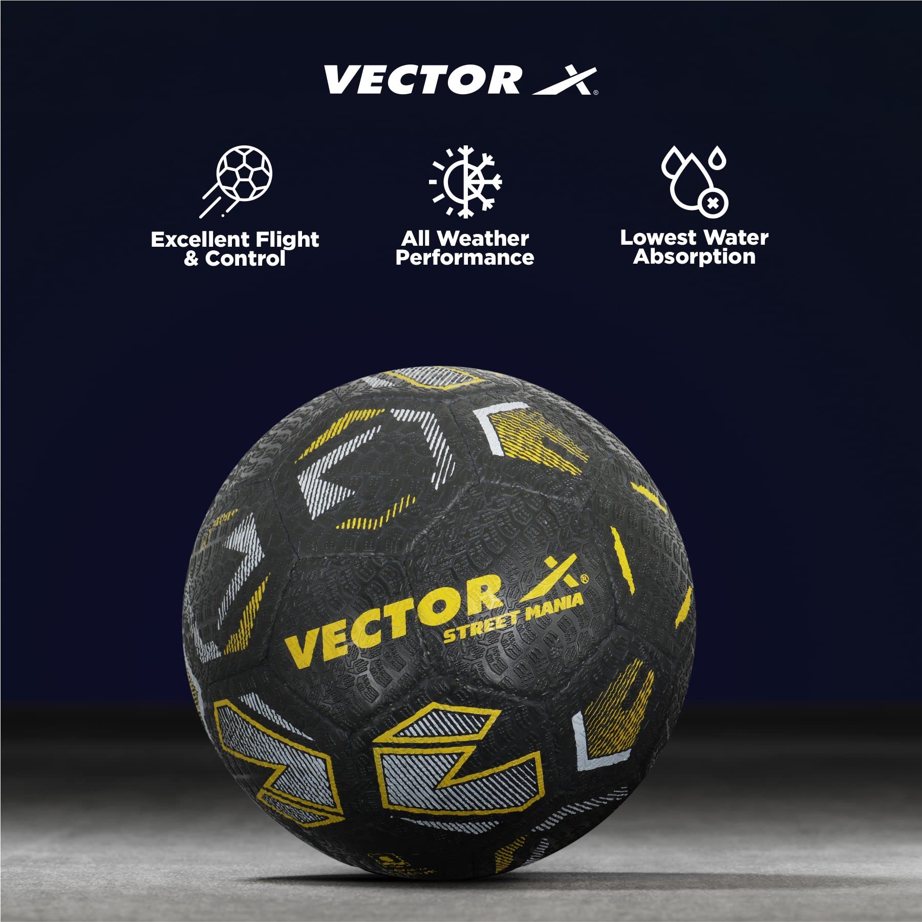 Vector X Street Mania Rubberised Hand Stitched Indoor/Outdoor Water-Resistant Football with Latex Bladder, Black-Yellow, Size 5, Suitable for Match and Training for Adults 15+ Years