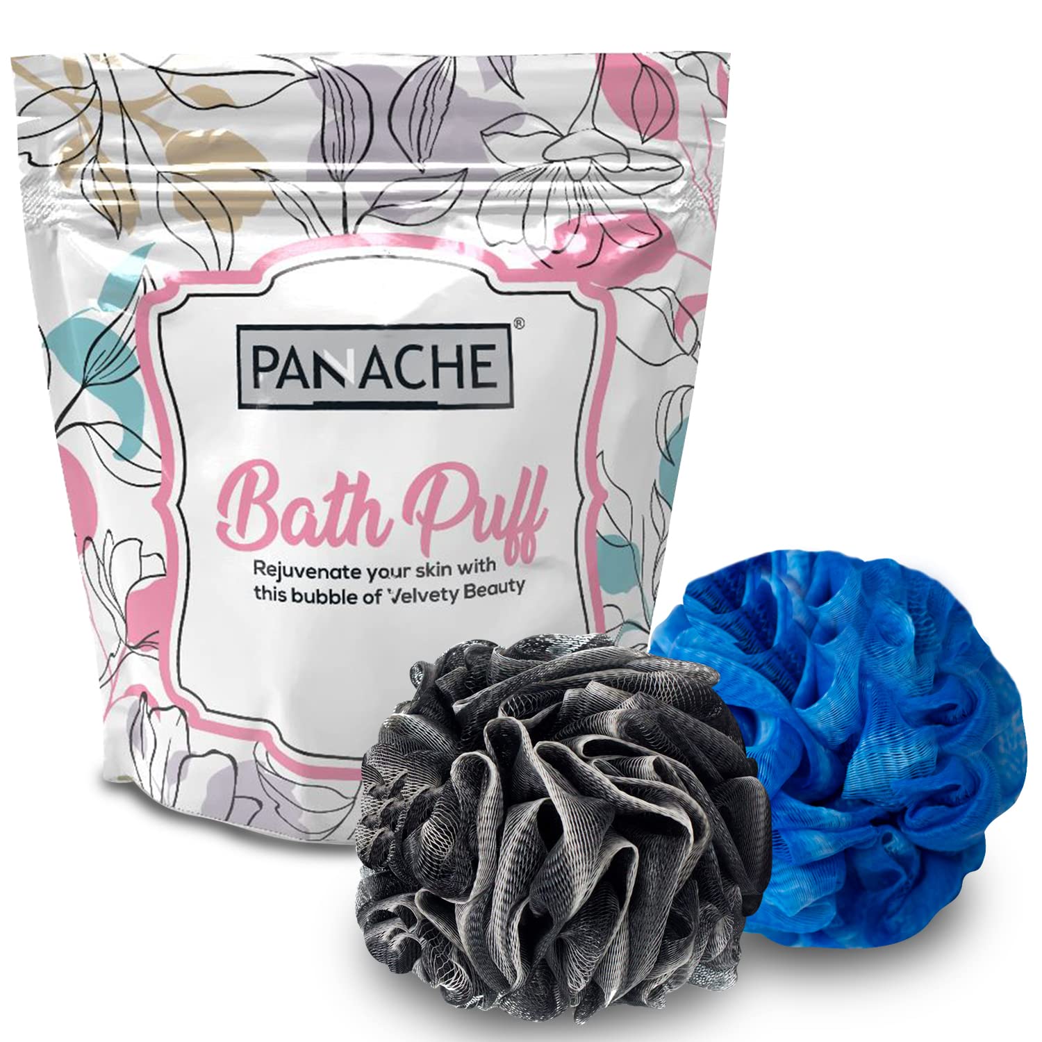PANACHE Premium Soft Bath Puff Loofah Scrubber For Men & Women, Combo Pack 2 (Black & Blue)-image-11