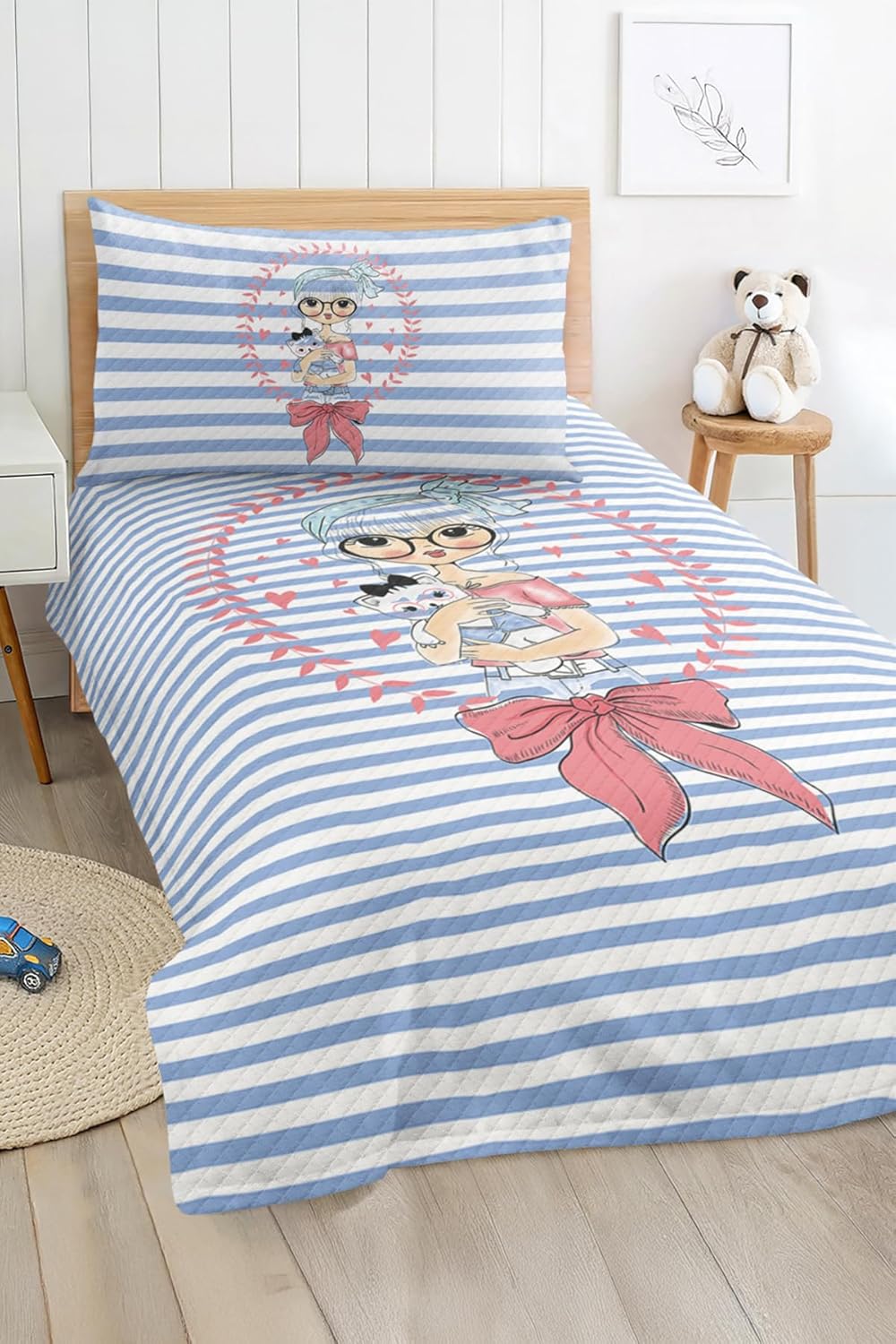 SODEF Bedding Set Twin Size Blue Striped Girl Figure Quilt Set for Kids and Teens Room, Lightweight Cotton Polyester Blend, 2 Piece Set - Multicolor, One Size