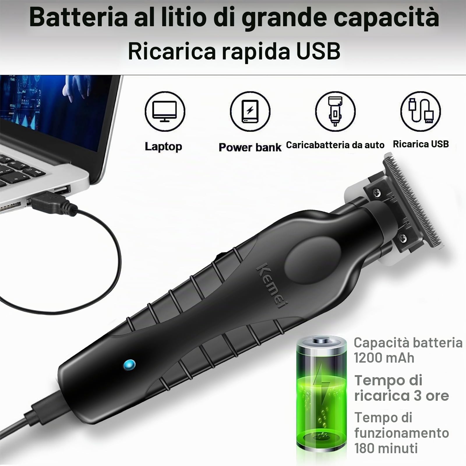 KEMEI Set di tagliacapelli professionali e rasoi a lamina, tagliacapelli senza fili per uomo, kit rasoio elettrico da barbiere, rasoio a T Blade Zero Gapped, ricaricabile tramite USB