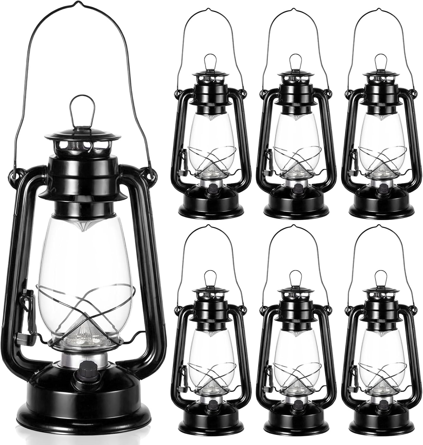 Hortsun 6 Pcs 12 Inch Vintage LED Hurricane Lantern Metal Black Outdoor Battery Operated Hanging Lantern with Warm LEDs and Dimmer Switch for Indoor Rustic Farmhouse Country Camping Decor