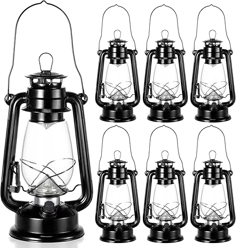 Miniatura 8 de Hortsun 16 linternas LED vintage negras para campamento, LED cálidos e interruptor de atenuación, funciona con pilas, farol colgante de metal para