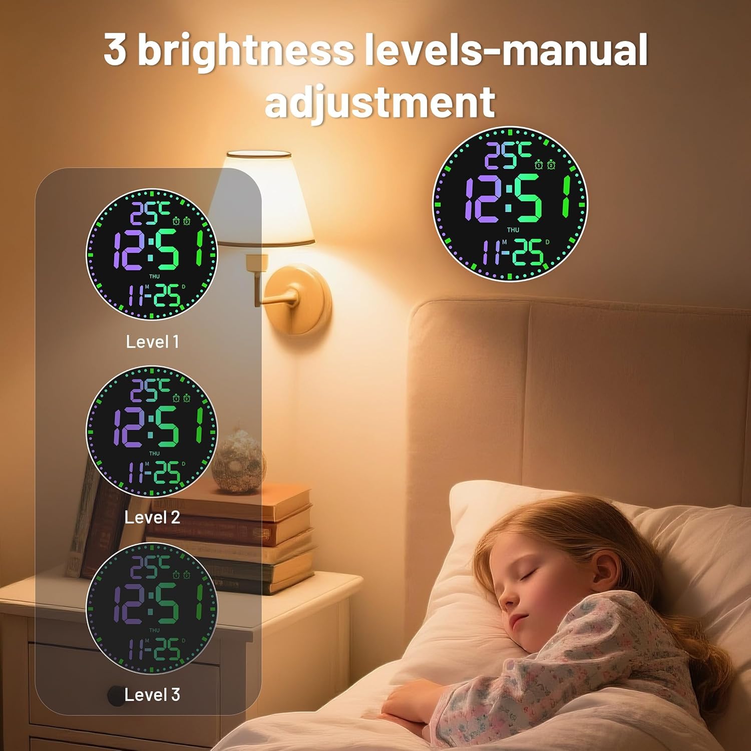Elecbee Horloge murale numérique de 30,5 cm – Grand écran LED avec rétroéclairage RVB à distance – Réveil calendrier et température (interrupteur C/F), luminosité réglable pour chambre à coucher