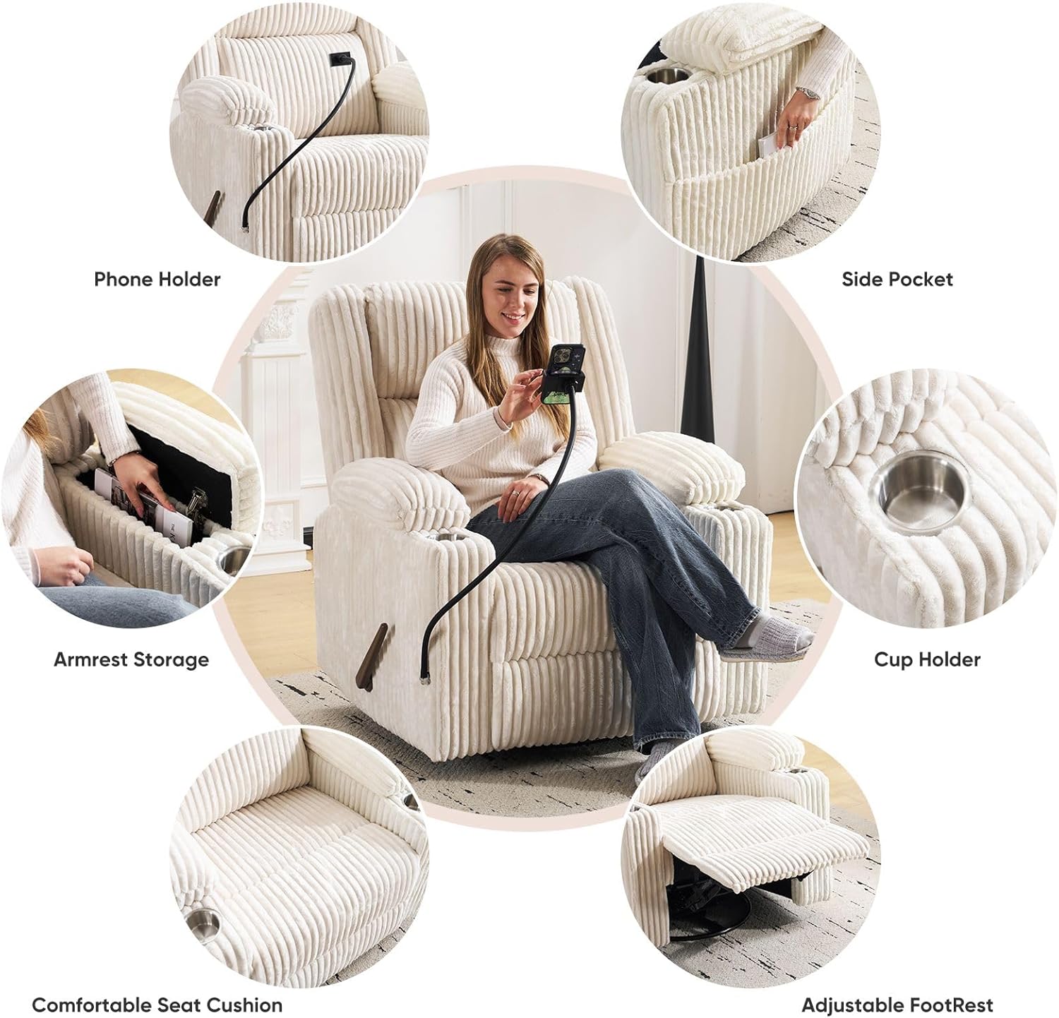 Oversized Manual Recliner Chair with Arm Storage,Swivel Rocker Recliner Chair for Adults with Adjustable Headrest,Nursery Glider Recliner with Phone Stand and Side Pockets for Living Room,Beige