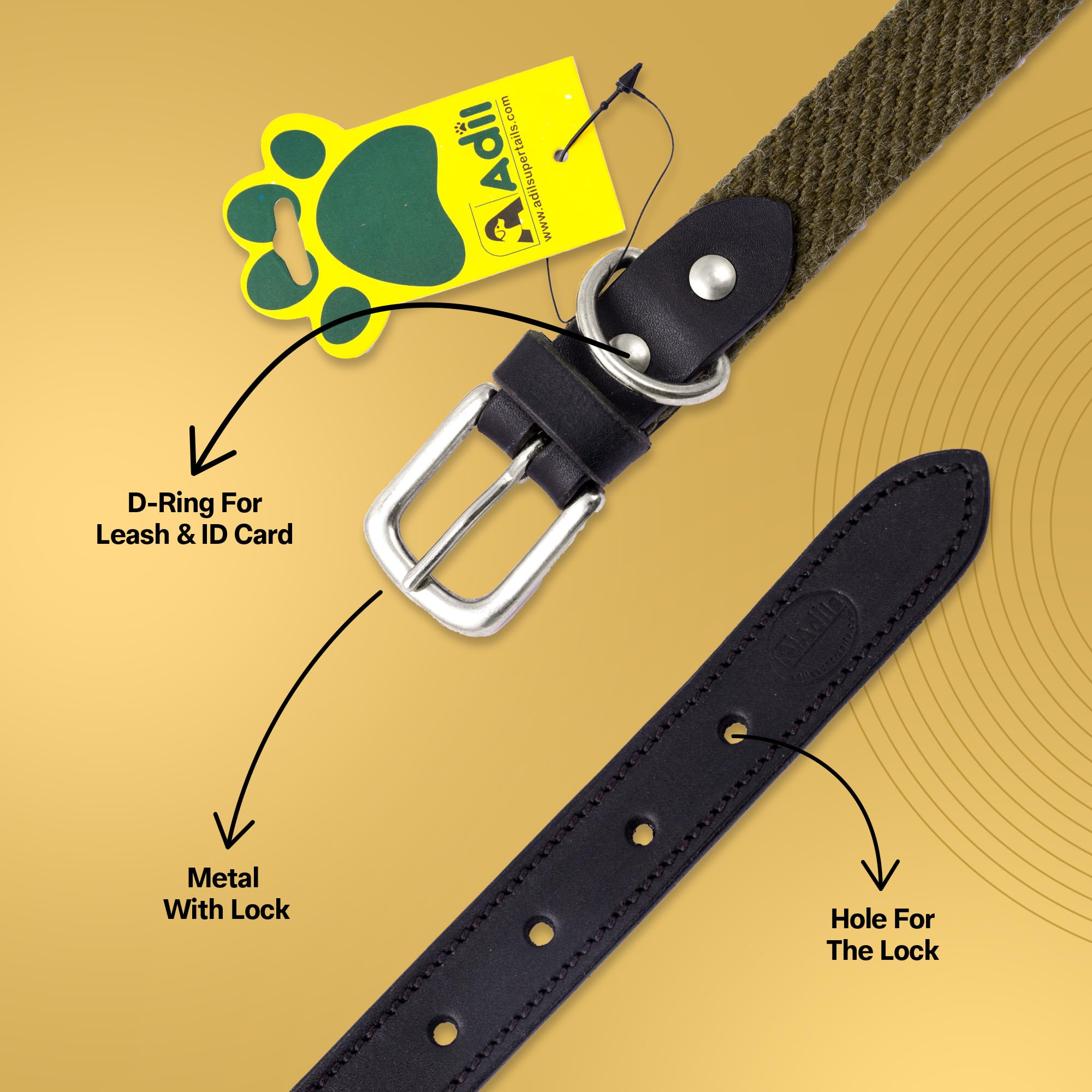 Sparrow Daughter Plain Cotton Dog Collar with Leather Reinforcement Adjustable Soft Breathable Neckbelt Heavy Duty Brass Hardware Strong D-Ring Walking Training Pets - Army Green, L 1