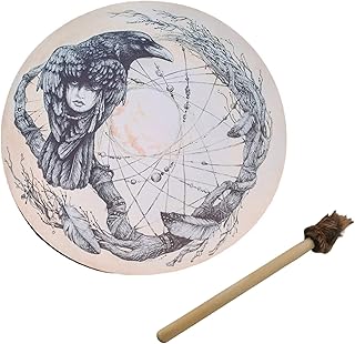 DreamMespace Tambor Shaman, Tambor de mão com desenho de árvore da vida de 25 cm com bengala de bateria, tambor instrumental Shaman Alchemy, som curador xamã para música espiritual, meditação reflexiva