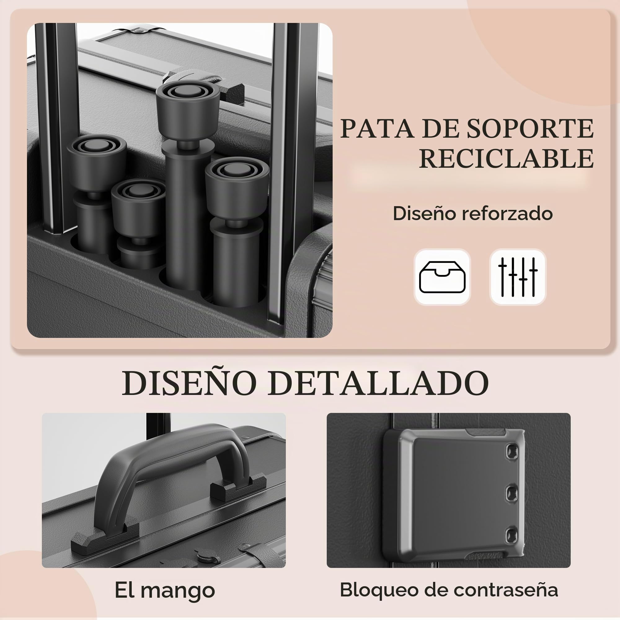 Estuche de Maquillaje con Ruedas de Aluminio, Espejo Grande con Iluminación LED, Organización de Cosméticos con Cerradura con Código, Estación de Maquillaje Plegable para Estudio y Viajes, Negro