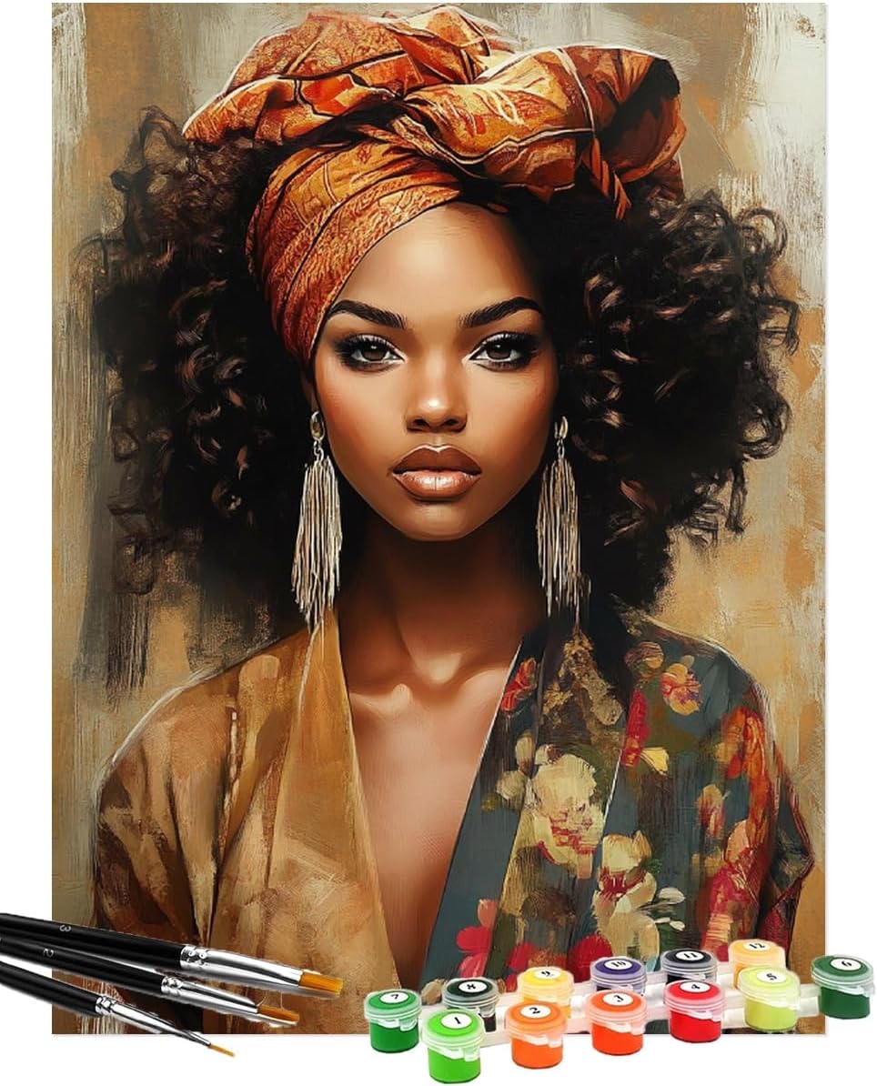 African American Curly Hair Woman Paint by Numbers Kit for Adults Beginner 12x16 Inch Acrylic Oil Painting by Numbers Kits with PaintBrushes Art Crafts Canvas for Home Decor 3461