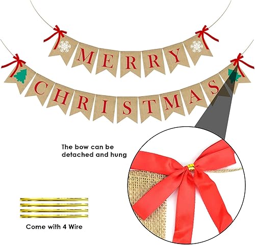 Miniatura 4 de PACETAP Cartel de arpillera de Feliz Navidad con 4 lazos rojos, decoración navideña para el hogar para interiores, chimenea, pared, árbol