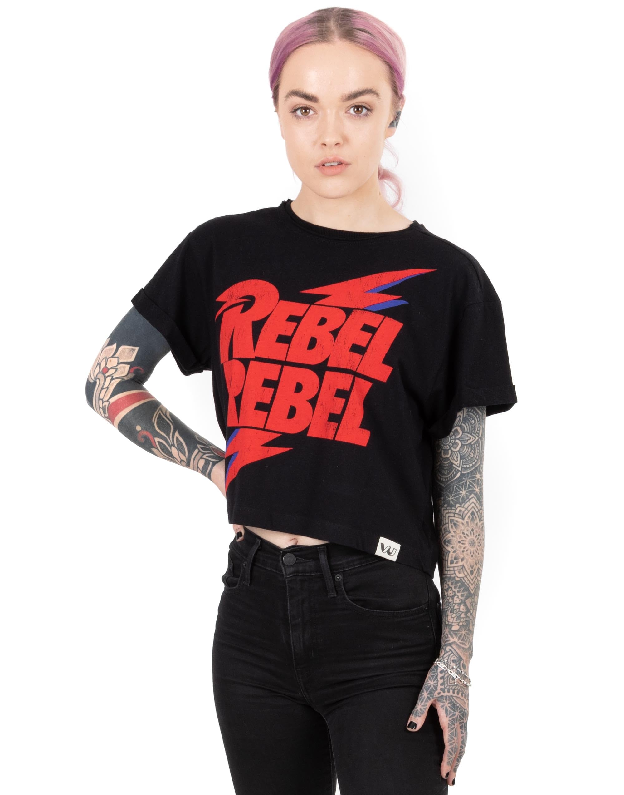 David Bowie Rebel Rebel Cropped Short Sleeve T-Shirt Black Cotton Crewneck XXL - Women's Licensed Apparel