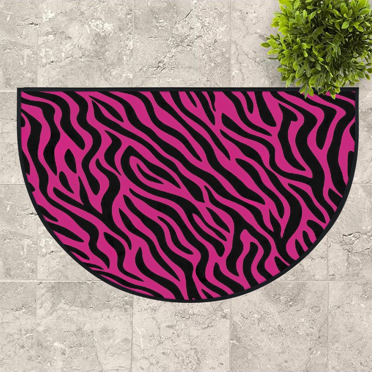 Mexpekil Paillasson demi-lune pour intérieur et extérieur - Motif imprimé zèbre - Demi cercle - Absorbant la saleté - Rose vif - 100 x 160 cm