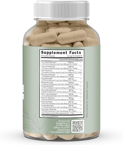 Miniatura 8 de Simpleme Suplemento multihongos – Complejo para el cerebro, apoyo inmunológico, nootrópicos – Mezcla de rendimiento con melena de león, cola