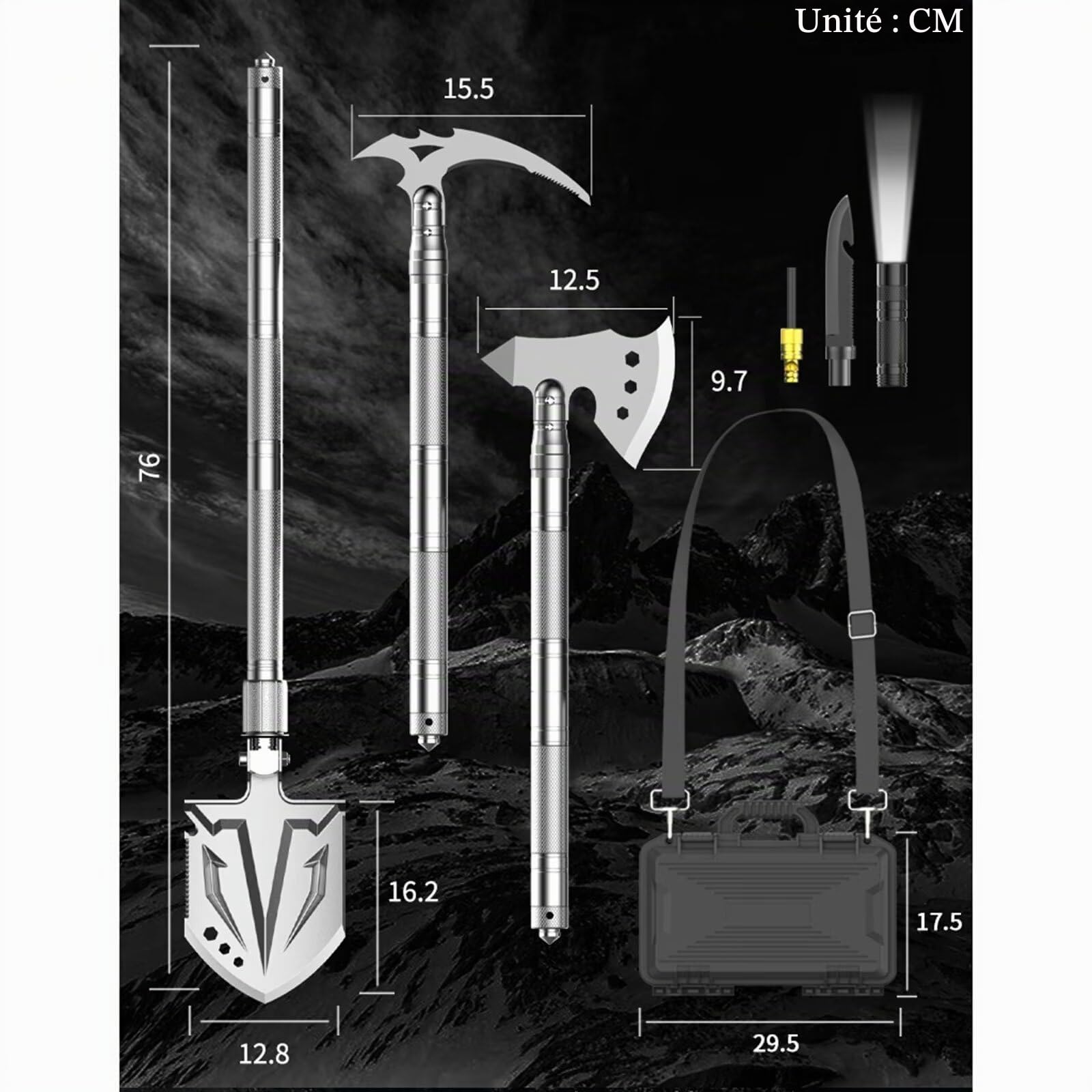Pelle de Camping Hache Militaire Pelle de Survie Pliable à 180 degrés avec pic Multifonction 16 en 1 pour randonnée en Plein air Chasse expédition pelletage de Neige Jardinage kit de Voiture