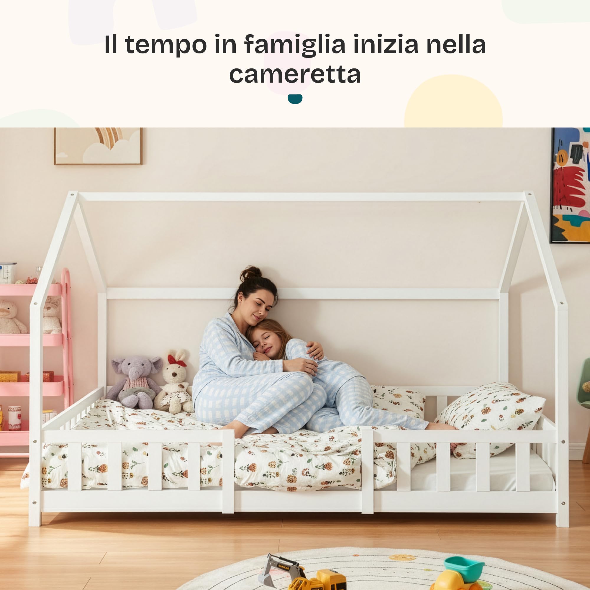 [en.casa] Letto Casetta per Cameretta Letto Piazza e Mezza per Bambini con Barriere di Protezione Struttura in Legno di Pino con Zona di Riposo 120x200 cm Bianco