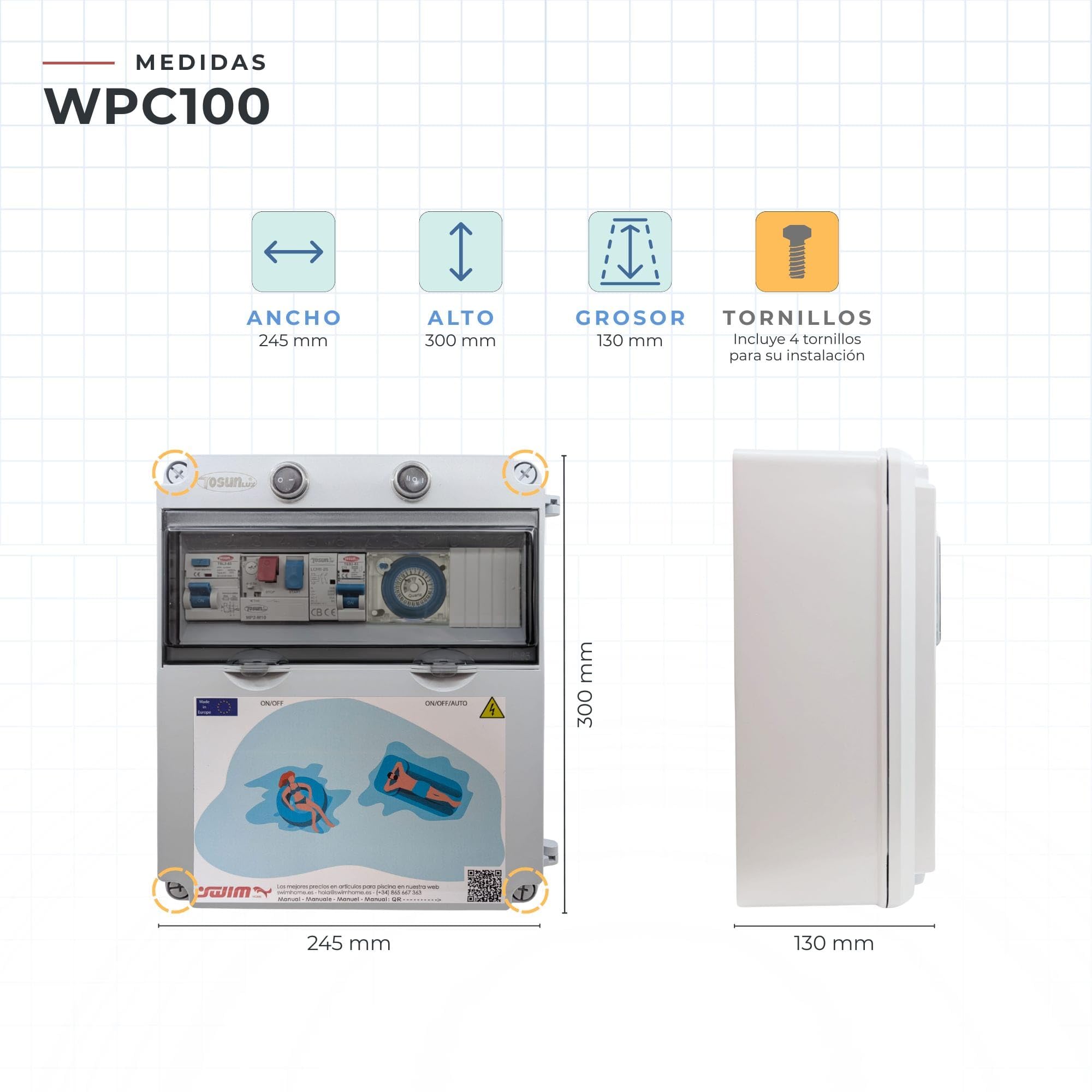 SWIMHOME Cuadro Eléctrico Piscina con Guardamotor 0,5 CV, Transformador 100W 12V y Reloj Programador IP55