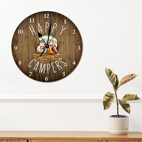 Miniatura 4 de Reloj de PVC de 10 pulgadas silencioso sin tictac Happy Camper sin marco, con temática de camping, funciona con pilas, moderno reloj colgante