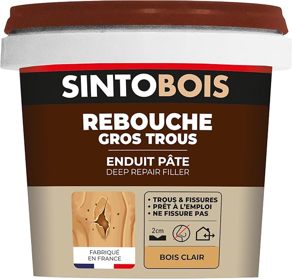 SINTO - Rebouche gros trous et fissures - Rebouche bois - Excellente adhérence - Sans Odeur - Facile et Prêt-à-l'emploi - Intérieur & Extérieur - Ne fendille pas - Teinte bois clair - 500g - 1