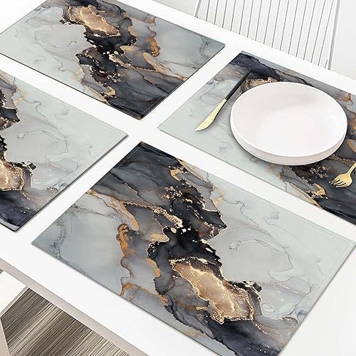 Miniatura 3 de Juego de 4 manteles individuales de tela, manteles individuales de lino con patrón de mármol líquido, resistentes al calor, manteles individuales