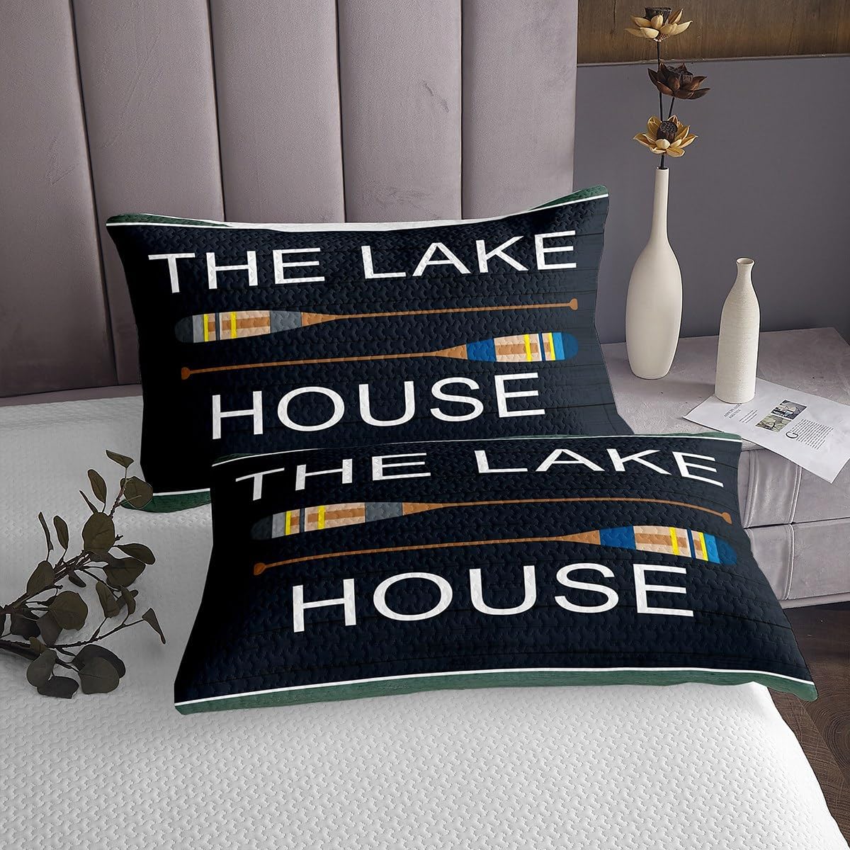 Farmhouse Dark Blue Barn Door Bedspread King,Boating Oar Quilted Coverlet 3pcs for Adults Teens Room Decor,Welcome to The Lake Soft Breathable Bedding Quilt