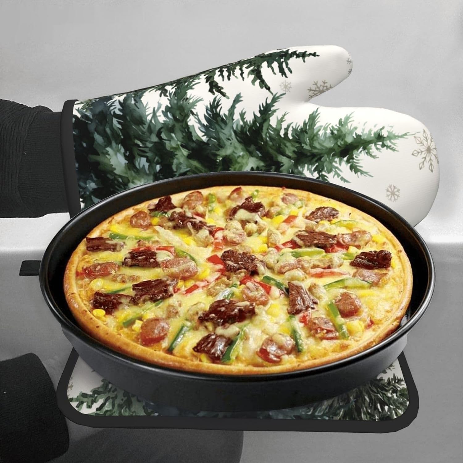 Winter Green Tree Snowflake Oven Mitts and Pot Holders Sets Heat Resistant Non Slip Xmas/Christmas Tree Snow Kitchen Gloves Hot Pads Potholders 2 Pack Set Holiday Decor for Chef Cooking Bakers Kitchen - Image 7