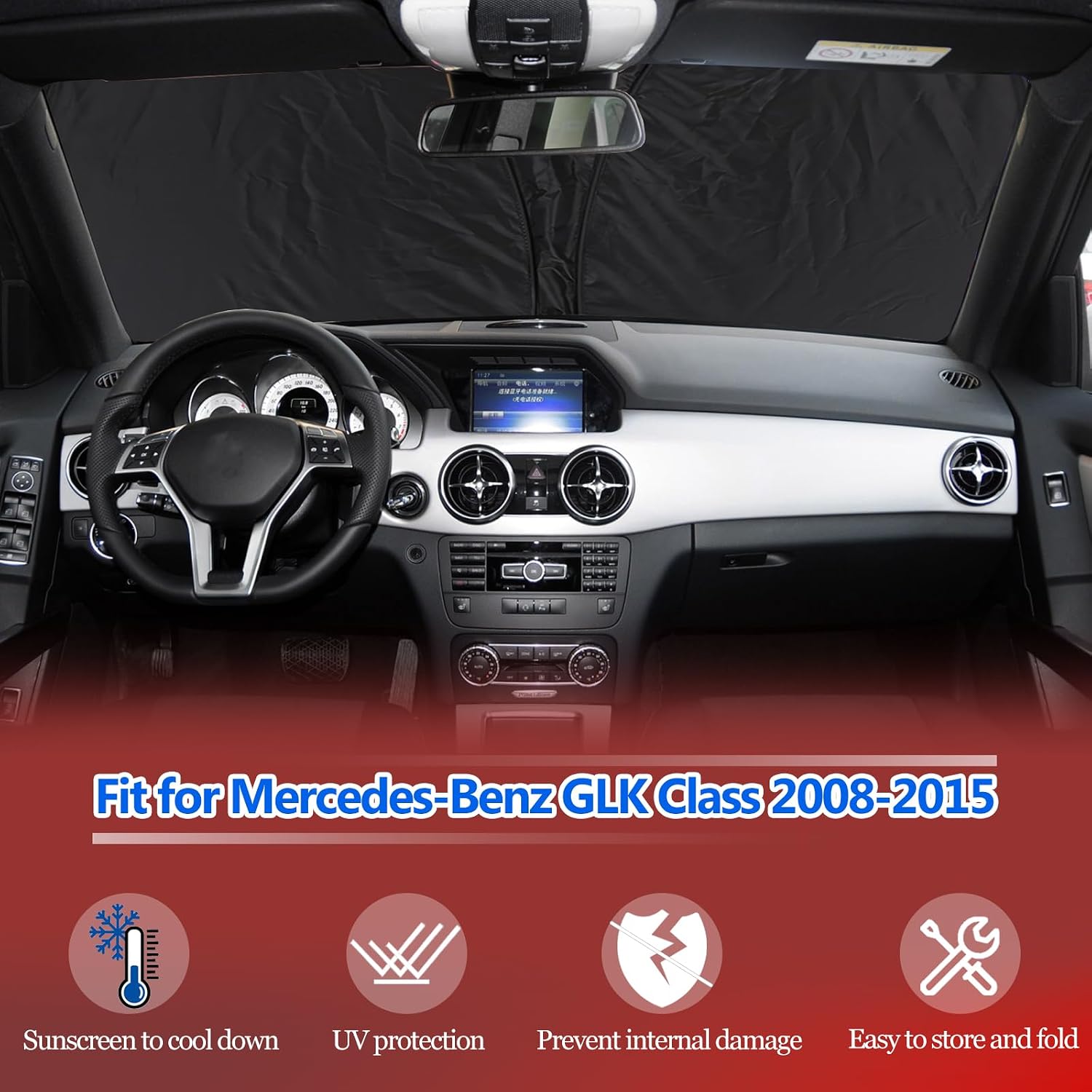 Car Windshield Sunshade Compatible with Mercedes-Benz GLK Class X204 2008-2015 Foldable Elastic Memory Steel Wire Front Windshield Sun Shade Blocks UV Rays and Heat Interior Protector