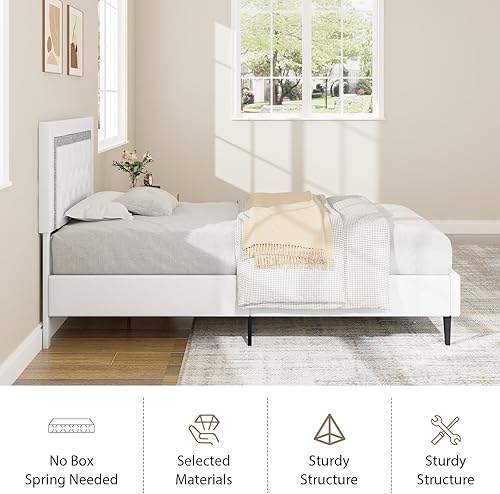 Miniatura 57 de BarnFurin Base de cama tamaño matrimonial con cabecera de botones copetudos, plataforma tapizada con diseño de diamante, soporte de listones de