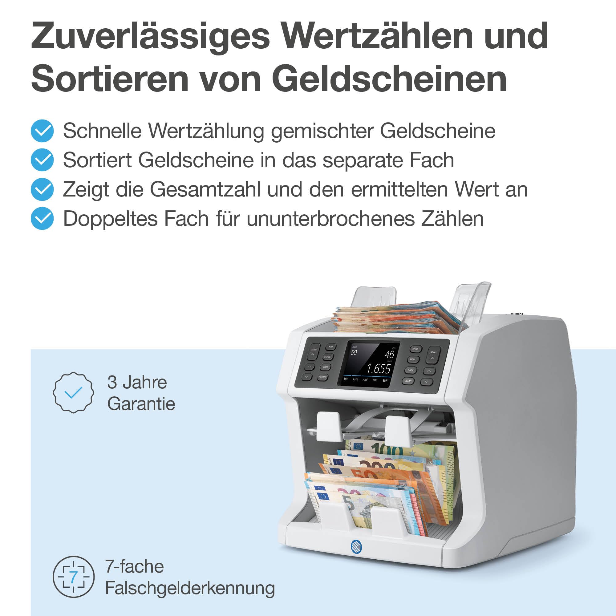 Safescan 2985-SX - Szybka liczarka wartości i sorter banknotów do nieposortowanych polskich banknotów z 7-punktowym wykrywaniem fałszerstw - Przeznaczone do wszystkich polskich banknotów