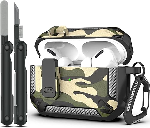 RFUNGUANGO Funda para AirPods Pro con kit de limpieza, armadura protectora militar rígida con bloqueo para funda de carga AirPod Pro, LED frontal