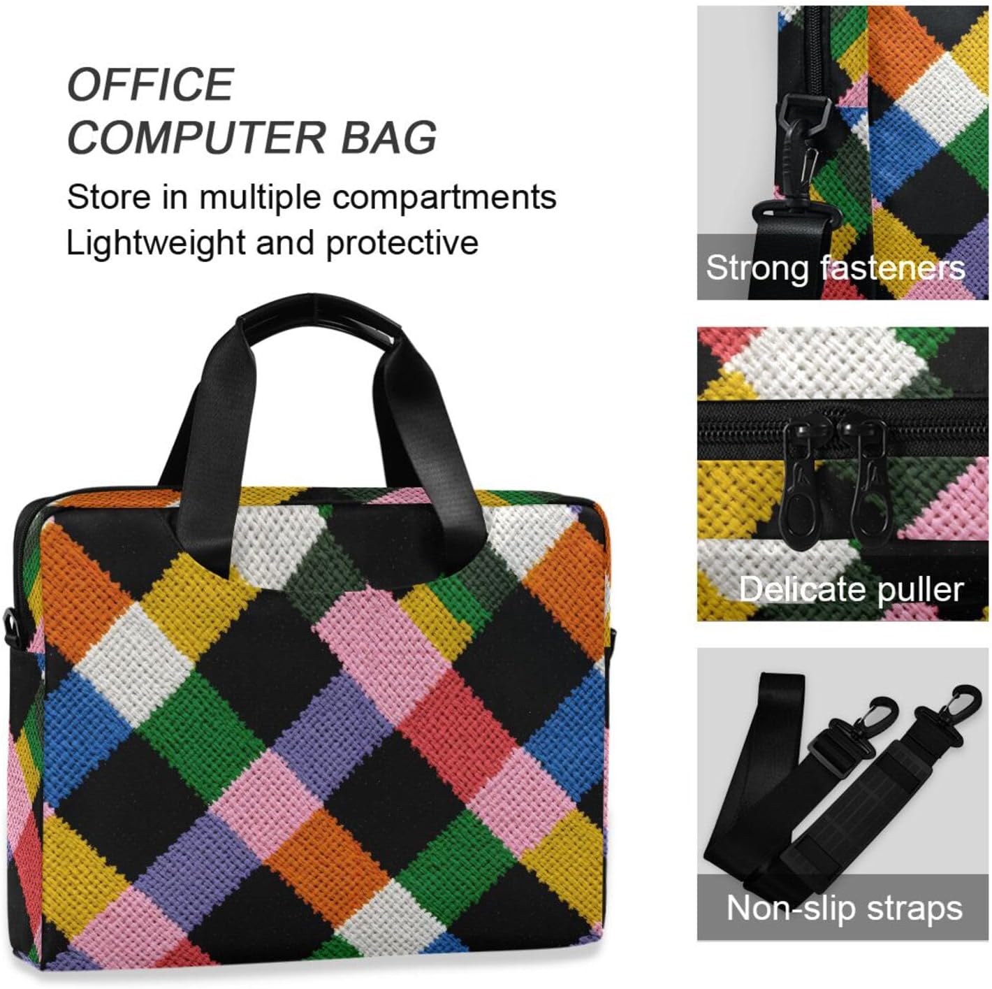Laptop Bag Sleeve Colored Checkered Printed for 16 in Computer, Briefcase with Shoulder Strap Top Handle Multi Pockets