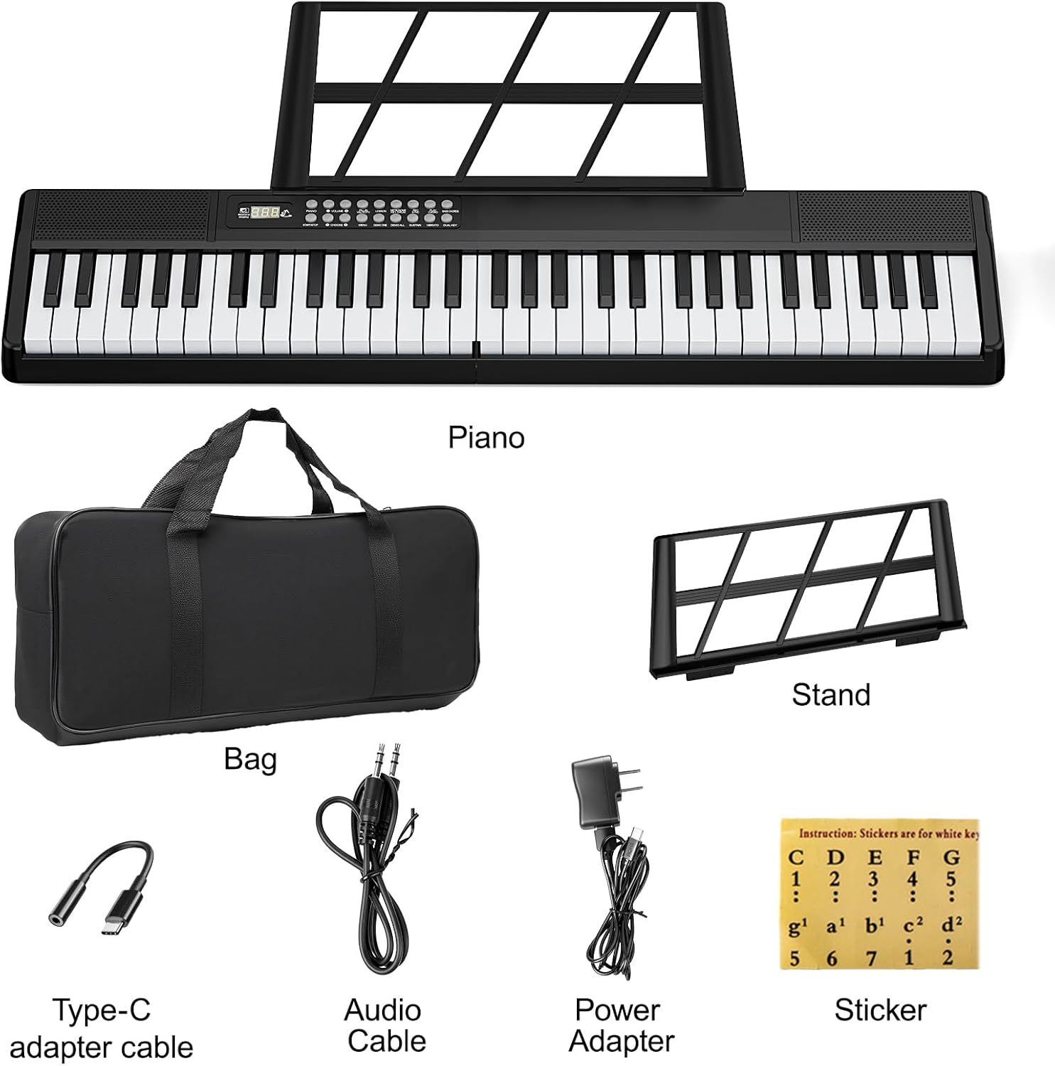 Electronic Piano Keyboard,Foldable 61 Key Digital Pianos with Power Adapter,Sheet Music Stand,Sticker,Bag,Gift for Beginners,Black - Image 6