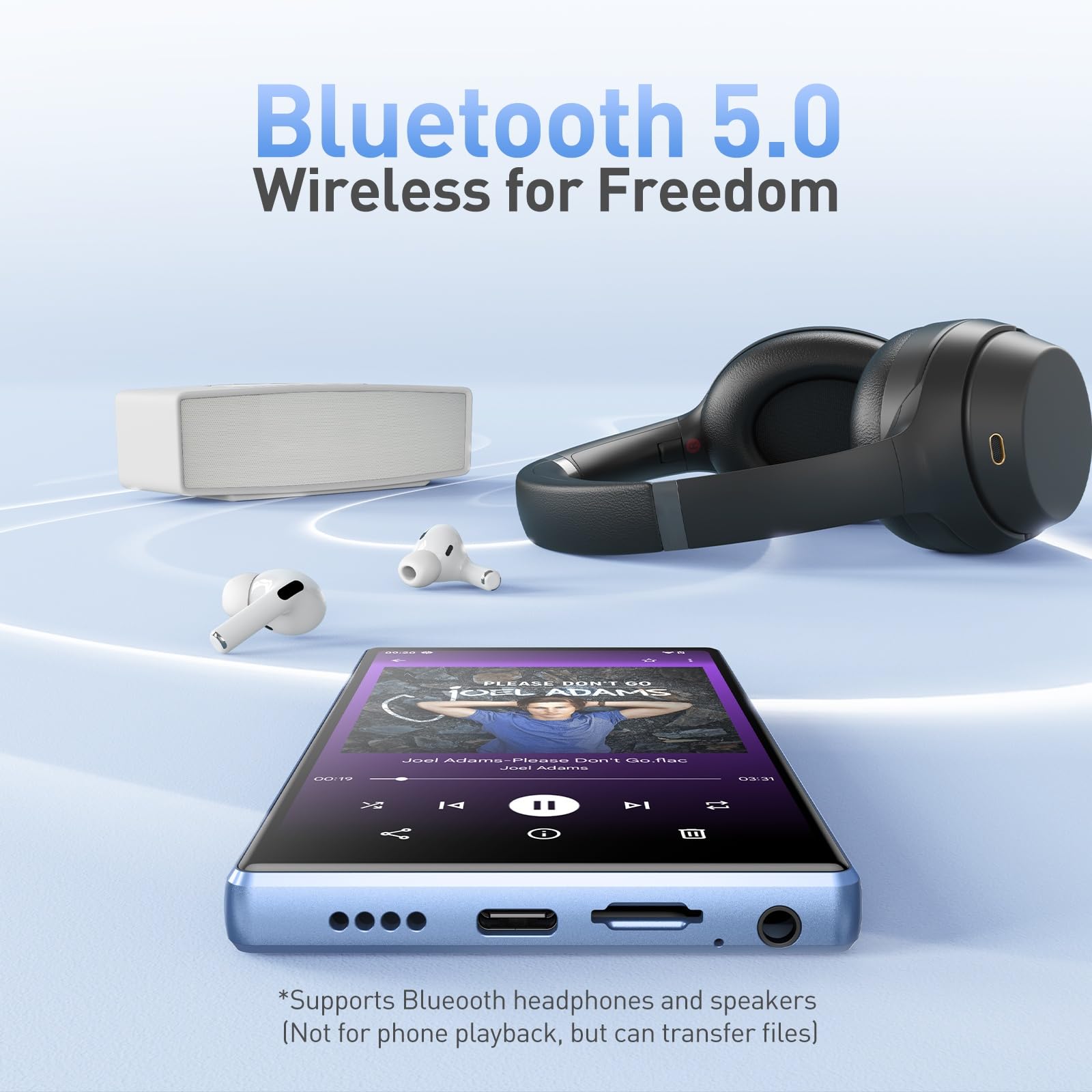 AGPTEK 128GB Reproductor MP3 Spotify con Bluetooth y WiFi, Android 13 MP4 Reproductor de 5'', Reproductor de Música MP4，MP3 Player con Spotify, Audible, App Store, Amazon Music, hasta 1 TB, Azul
