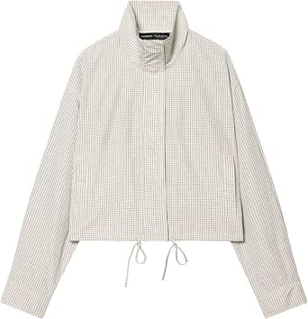 Women’s High Neck Plaid Jacket with Drawstring Hem and Pockets