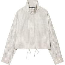 Xunger Womens High Neck Plaid Jacket Drawstring Hem Casual Long Sleeve Streetwear Coat with Pockets
