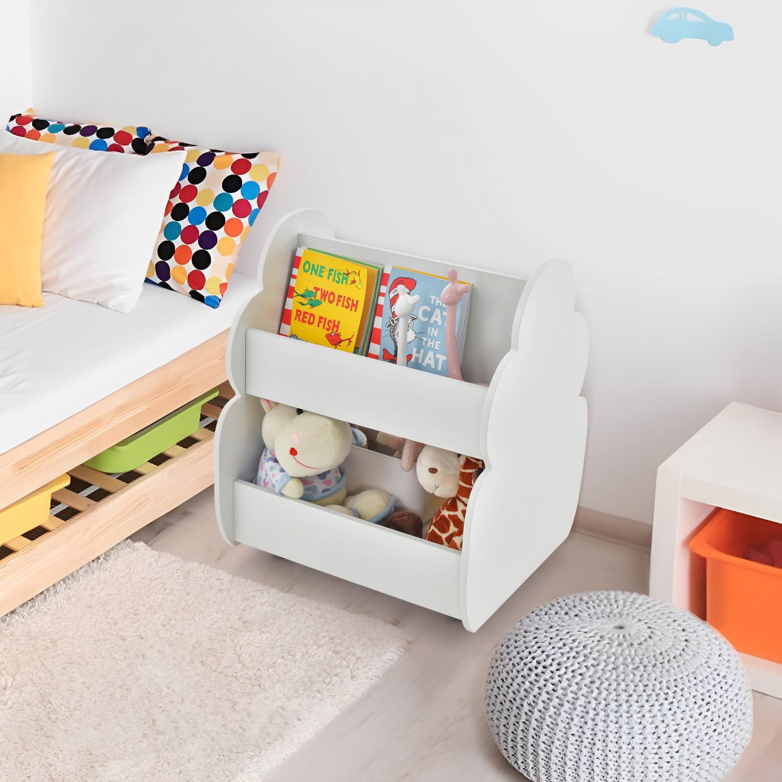HOMASIS Libreria giocattolo per bambini, con 2 scomparti, in legno, con 4 ruote, per cameretta dei bambini, sala giochi e asilo (bianco), DZ10133