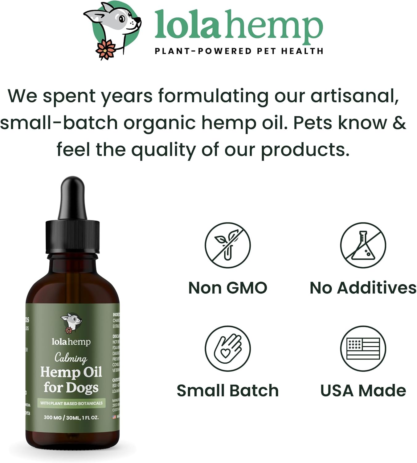 Lolahemp Calming Hemp Oil for Dogs with L-Theanine and Chamomile - Vet Formulated Natural Calming Dog Support - for Nerves, Loud Noises, Thunder, Fireworks - Promotes Relaxation - USA Made