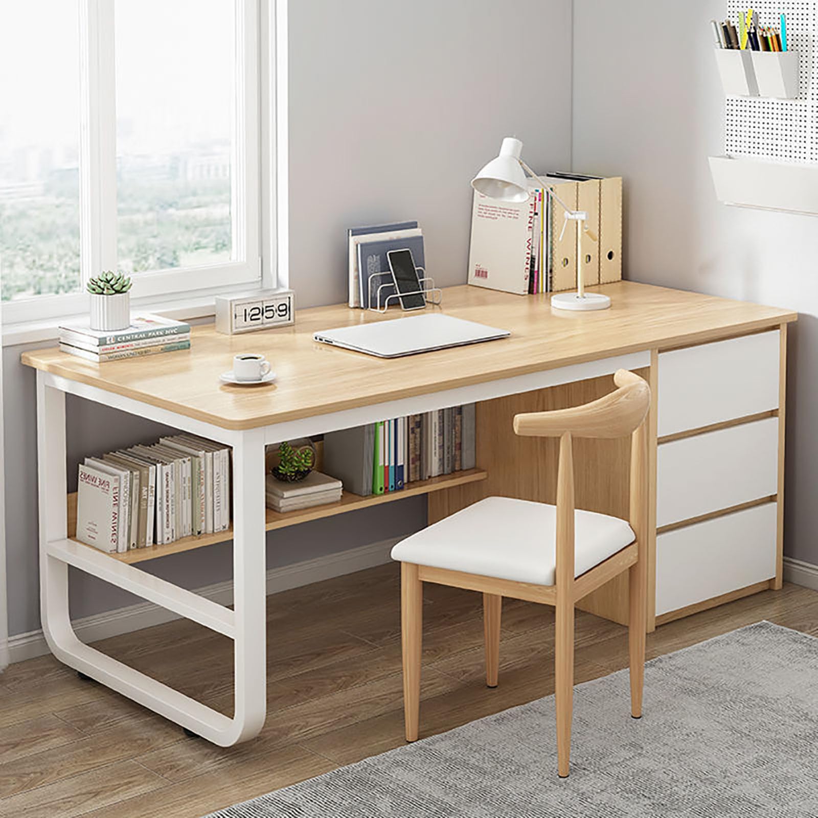 Liuwopa Wood Computer Desk With 3 Drawers, Industrial Pc Table Workstation Study Writing Desk With Cable Management, Modern Executive Desk For Home Office (100X50x75cm(39X20x29in), )